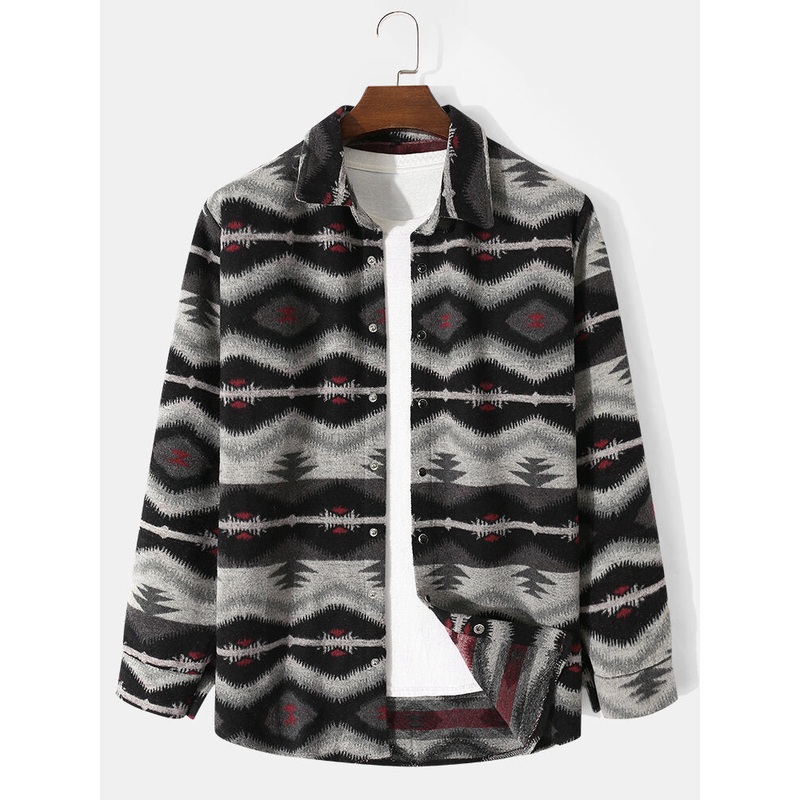 Men Retro Woolen Geometric Button Pattern Winter Warm Jackets