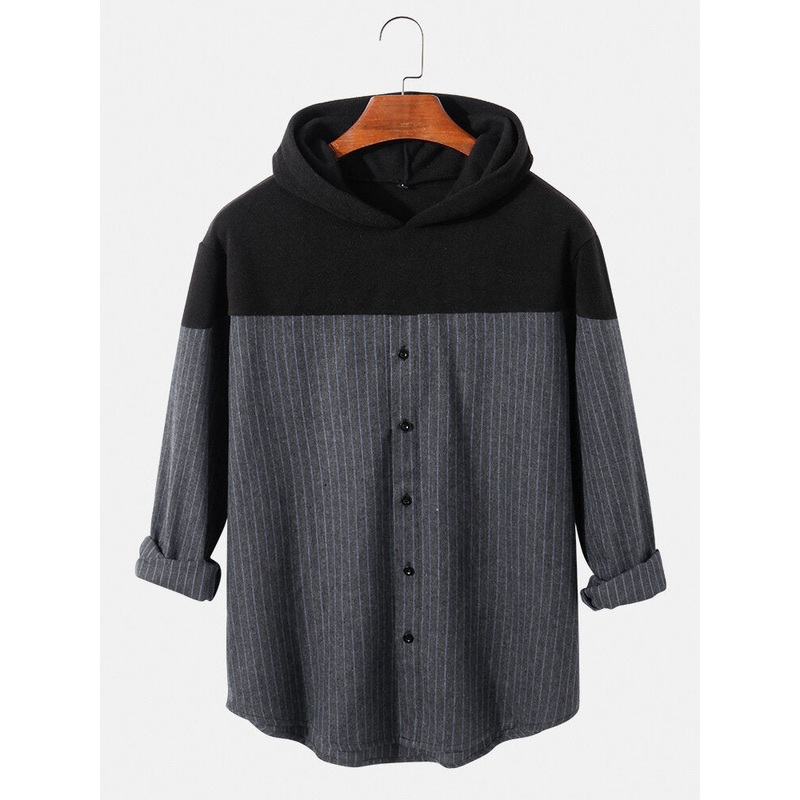 Men Stripe Patchwork Drop Shoulder Button Long Sleeve Design Hoodies