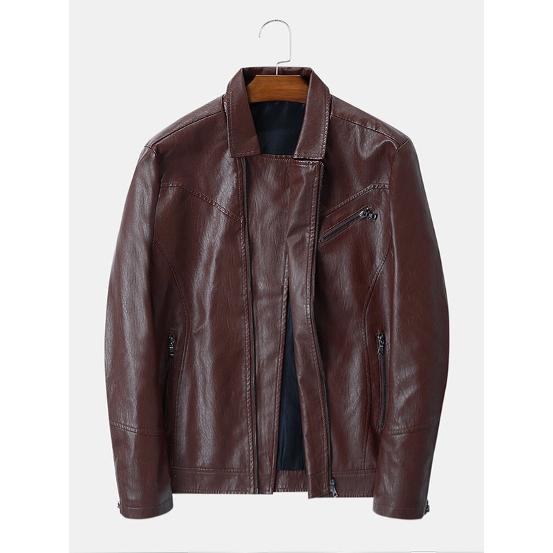 Men Zipper Cuff Multi Pockets Leather Rider Jacket