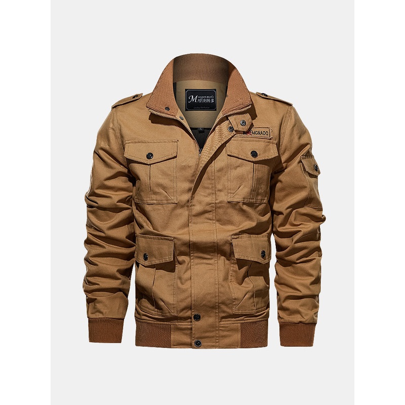 Mens 100% Cotton Badge Zip Front Outdoor Cargo Jacket With Multi Pocket