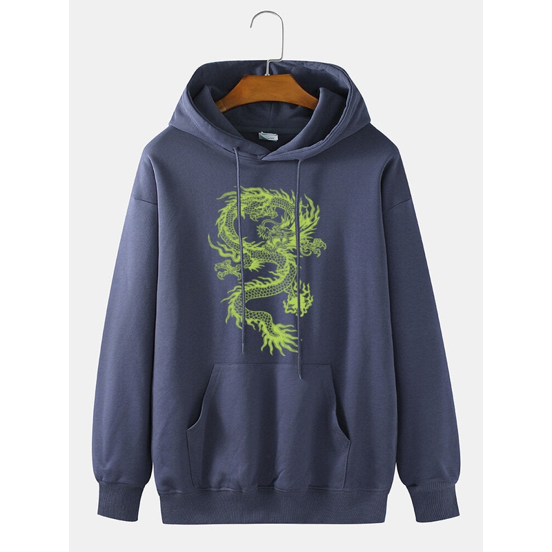 Mens 100% Cotton Dragon Printed Drop Shoulder Kangaroo Pocket Drawstring Hoodies