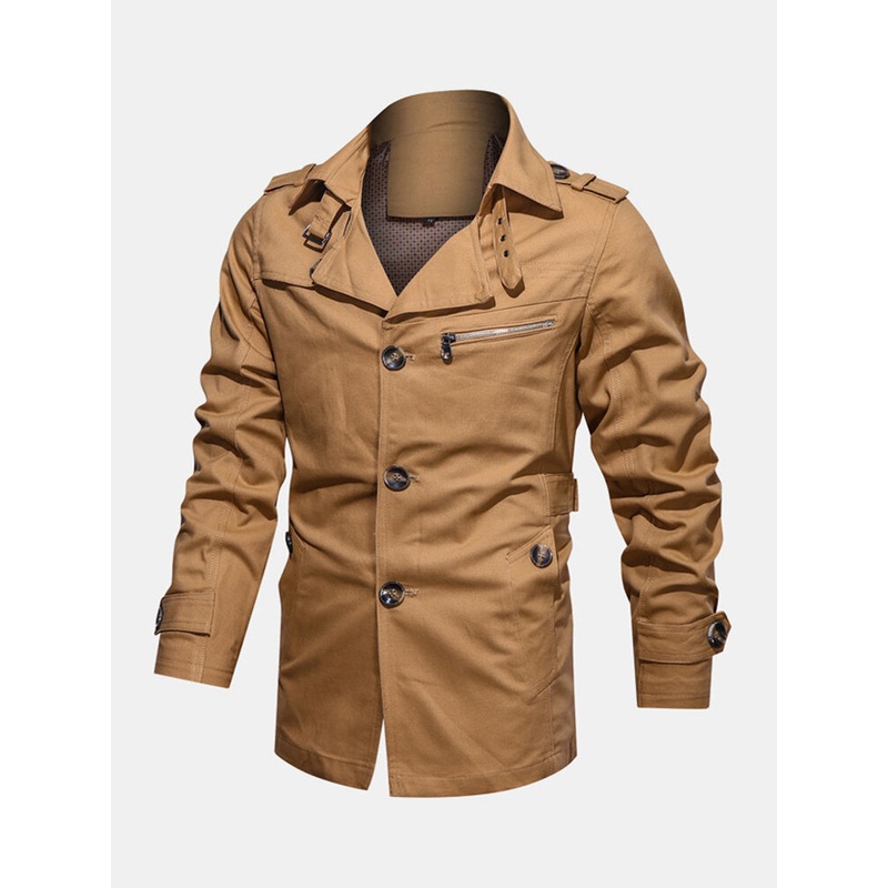 Mens 100% Cotton Solid Button Front Lapel Cargo Jacket With Pocket