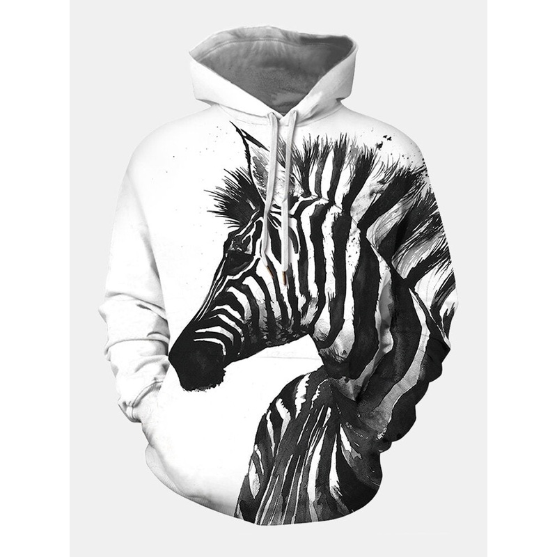Mens 3D Zebra Printed Relaxed Fit Kangaroo Pocket Drawstring Hoodies