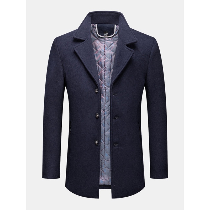 Mens Business Single-Breasted Solid Color Woolen Cloth Trench Coats
