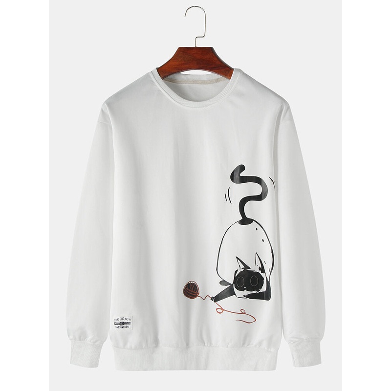 Mens Cartoon Cat Print Long Sleeve Pullover Drop Shoulder Sweatshirts