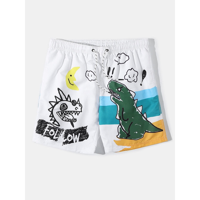 Mens Cartoon Graffiti Print Mesh Lined Breathable Thin Beach Holiday Loose Board Shorts