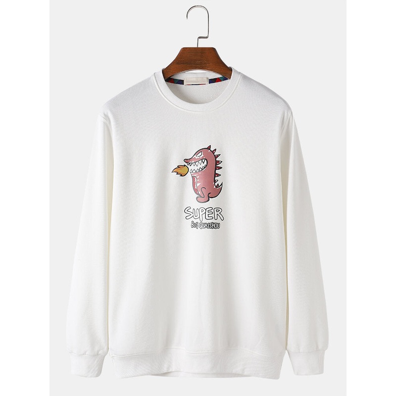 Mens Cartoon Monster Letter Print Cotton Casual Crew Neck Sweatshirts