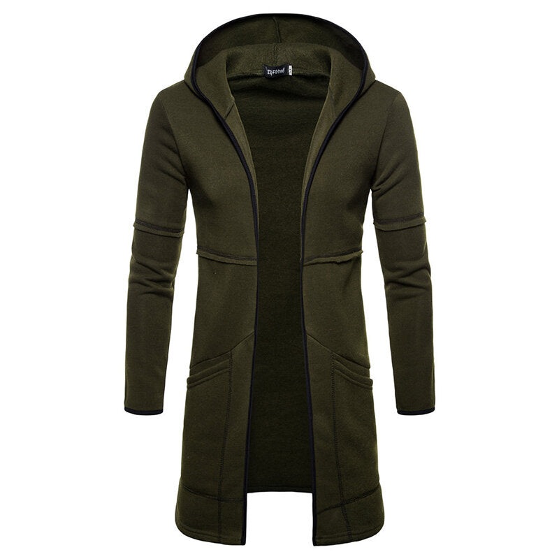 Mens Casual Mid Long Solid Color Long Sleeve Sweatshirts Thickened Big Pockets Open Hoodies