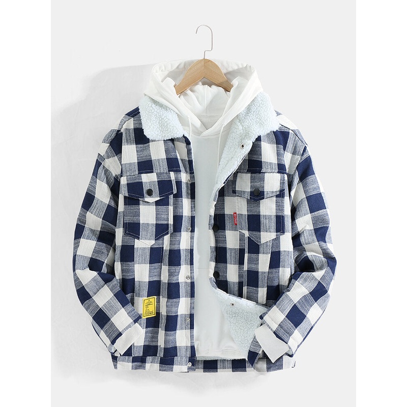 Mens Classic Plaid Warm Sherpa Lined Chest Pocket Jacket