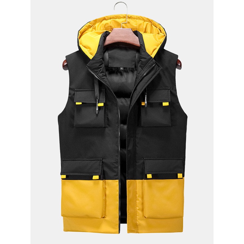 Mens Contrast Patchwork Warm Windproof Hooded Padded Gilet Vests With Multi Pocket