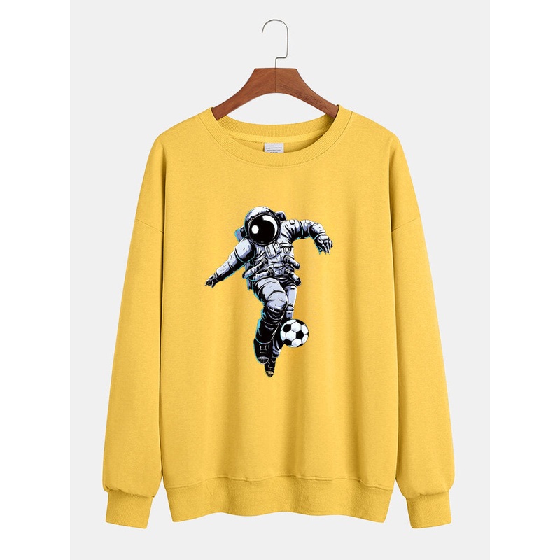 Mens Cotton Astronaut Chest Print Relaxed Fit Crew Neck Pullover Sweatshirts