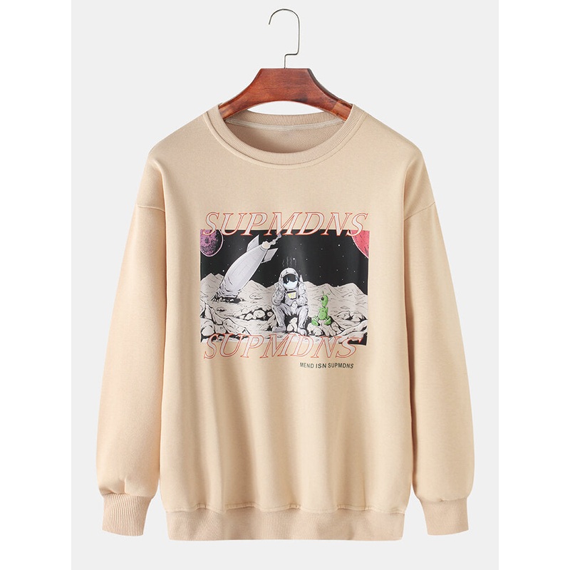Mens Cotton Astronaut Letter Graphic Print Crew Neck Relaxed Fit Sweatshirts