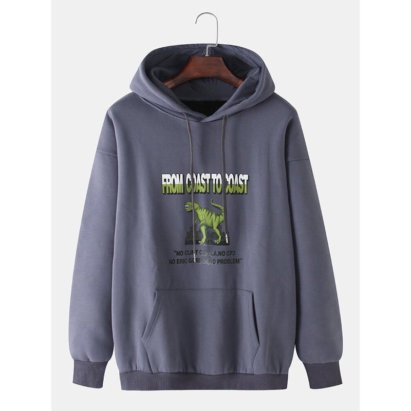 Mens Cotton Cartoon Dinosaur Pattern Slogan Print Drop Shoulder Pocket Hoodies