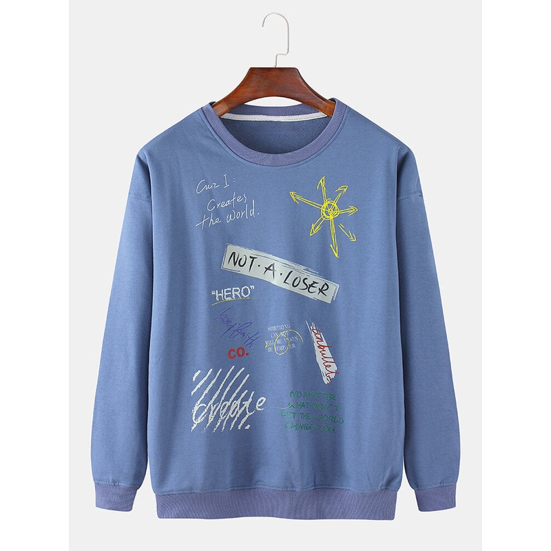 Mens Cotton Hand Painted Letter Print Crew Neck Casual Loose Fit Sweatshirts