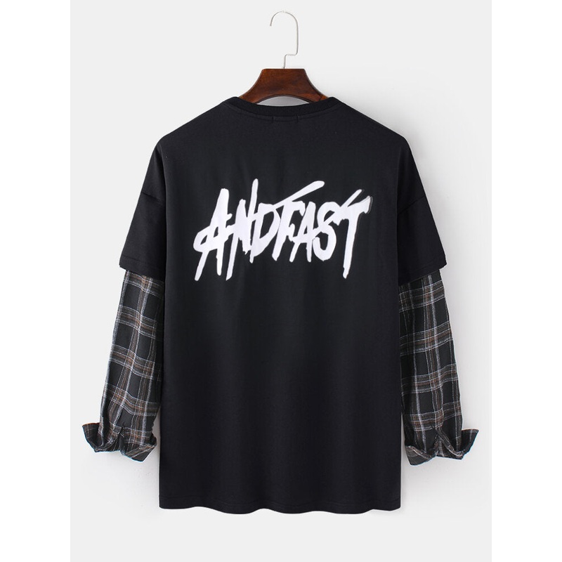 Mens Cotton Letter Back Printing Check Contrast Faux Twinset Crew Neck Fit Sweatshirts
