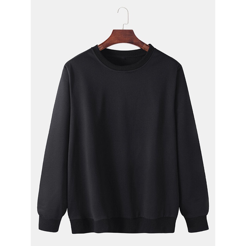Mens Cotton Simple Black Pullover Long Sleeve Sweatshirts
