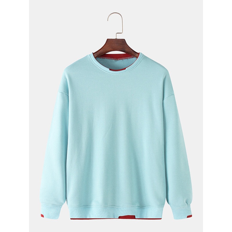 Mens Cotton Solid Color Patchwork Round Neck Pullover Long Sleeve Sweatshirts