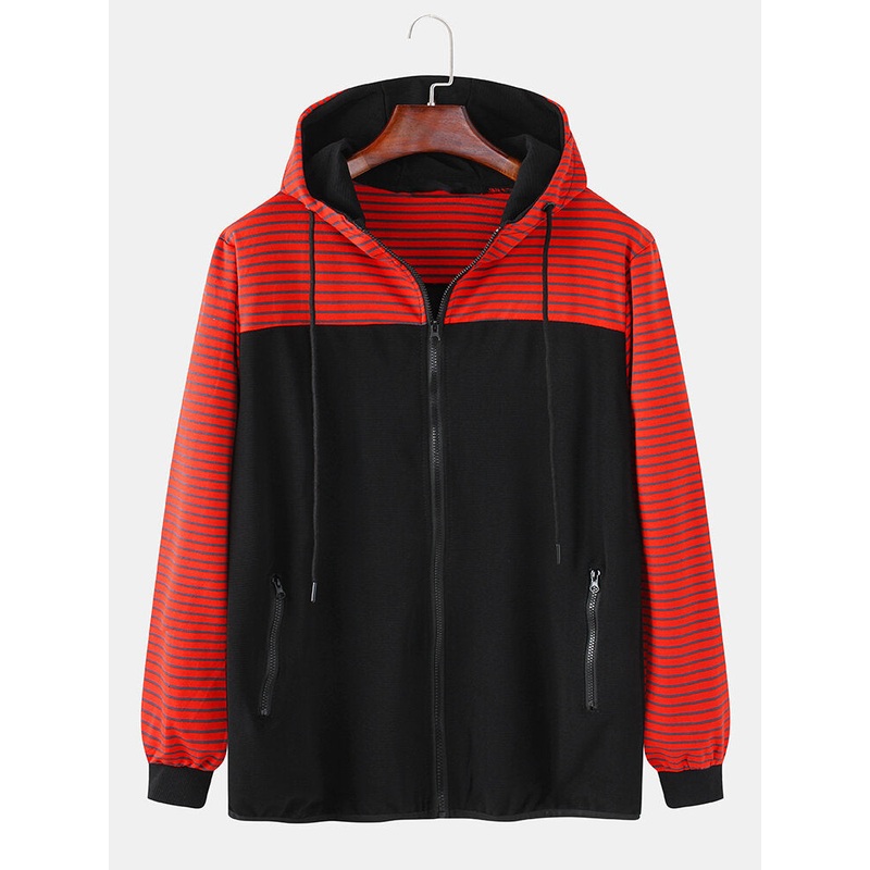 Mens Cotton Stripe Patchwork Zip Front Casual Drawstring Hooded Cardigans