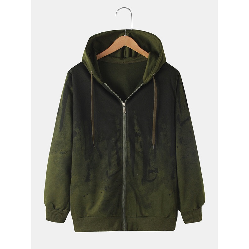 Mens Design Ink Pattern Zipper Hoodie Jacket With Side Pocket