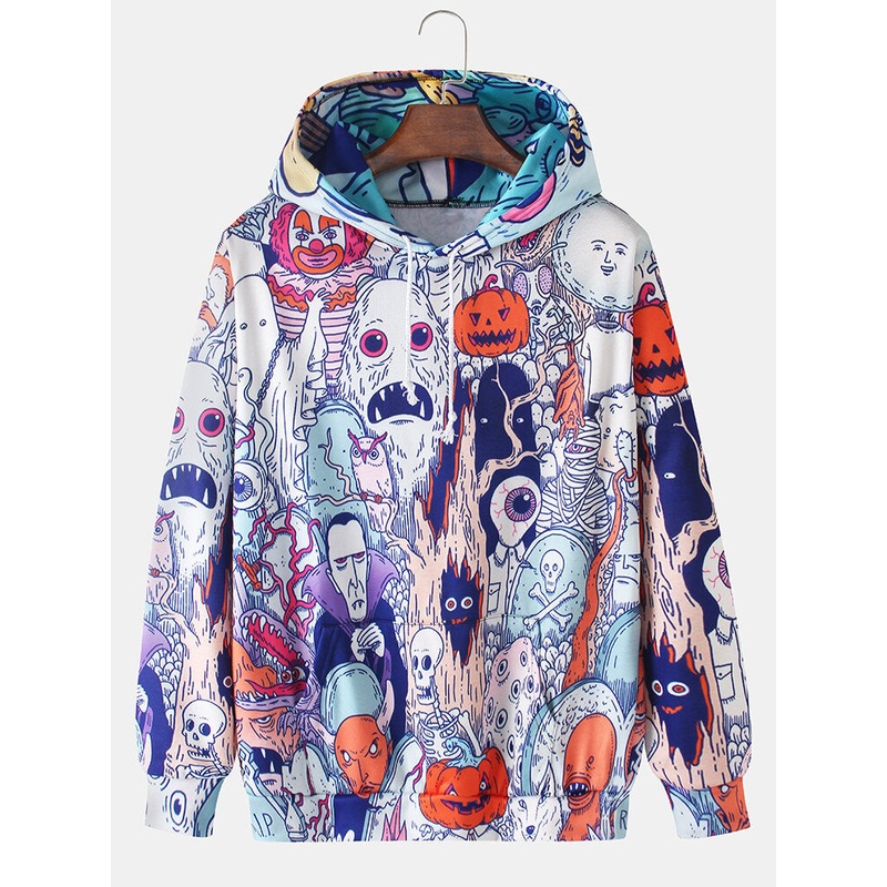 Mens Funny Allover Halloween Pattern Print Drawing Hoodies With Kangaroo Pocket