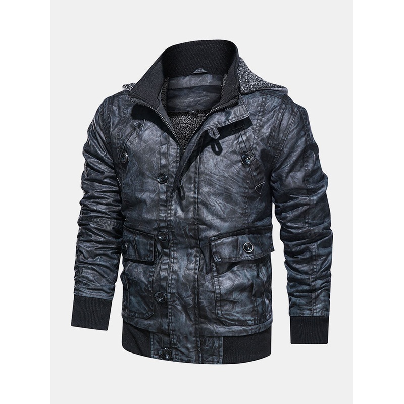 Mens Hooded Pocket PU Leather Motorcycle Jacket