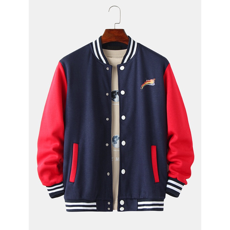 Mens Letter Print Thicken Contrasting Patchwork Baseball Collar Long Sleeve Jacket