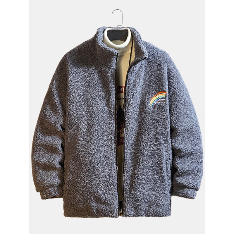 Mens Letter Rainbow Embroidered Zip Front Fleece Warm Casual Jacket