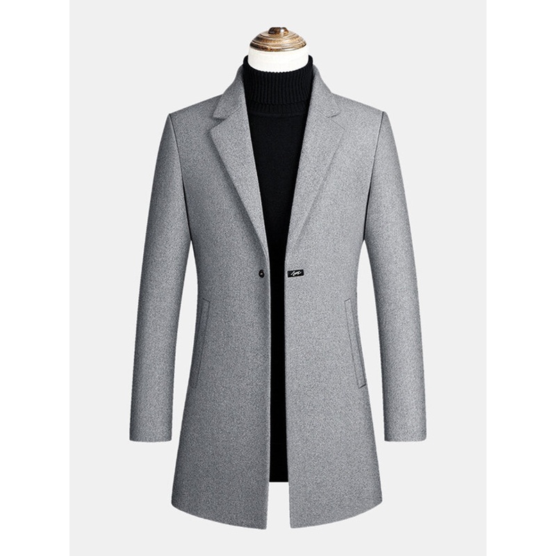 Mens Mid Long Warm Woolen Thick Pocket Long Sleeve Lapel Trench Coats