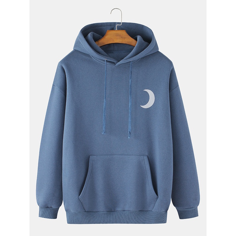 Mens Moon Reflective Print Drop Shoulder Kangaroo Pocket Drawstring Cotton Hoodies