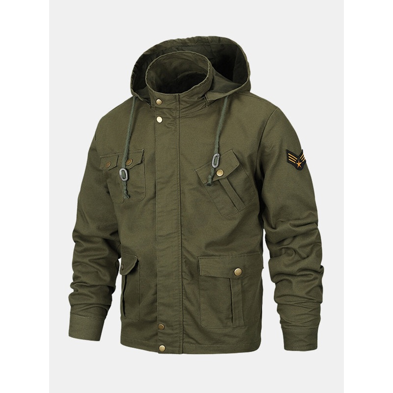 Mens Multi-Pocket Utility Cotton Washed Casual Cargo Jacket With Removable Hood