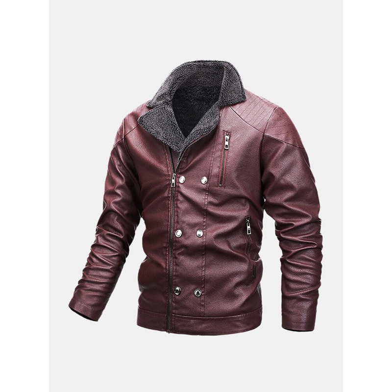 Mens Multi Pocket Zipper Button Long Sleeve Warm PU Leather Biker Jacket