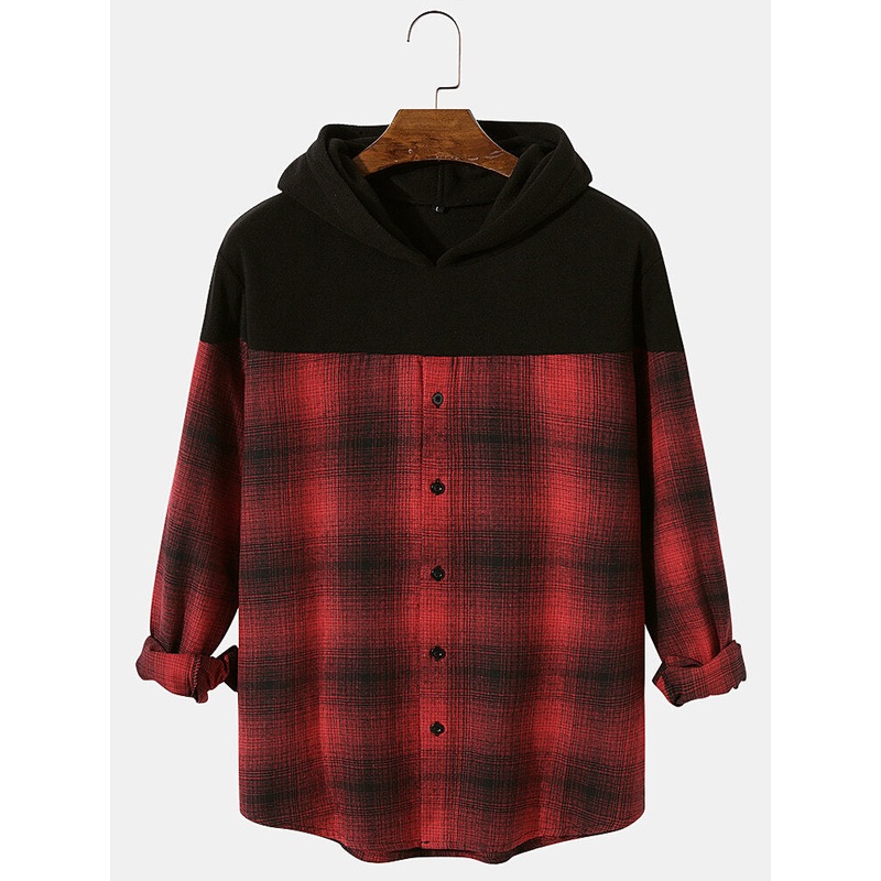 Mens Patchwork Plaid Drop Shoulder Long Sleeve Design Hoodies