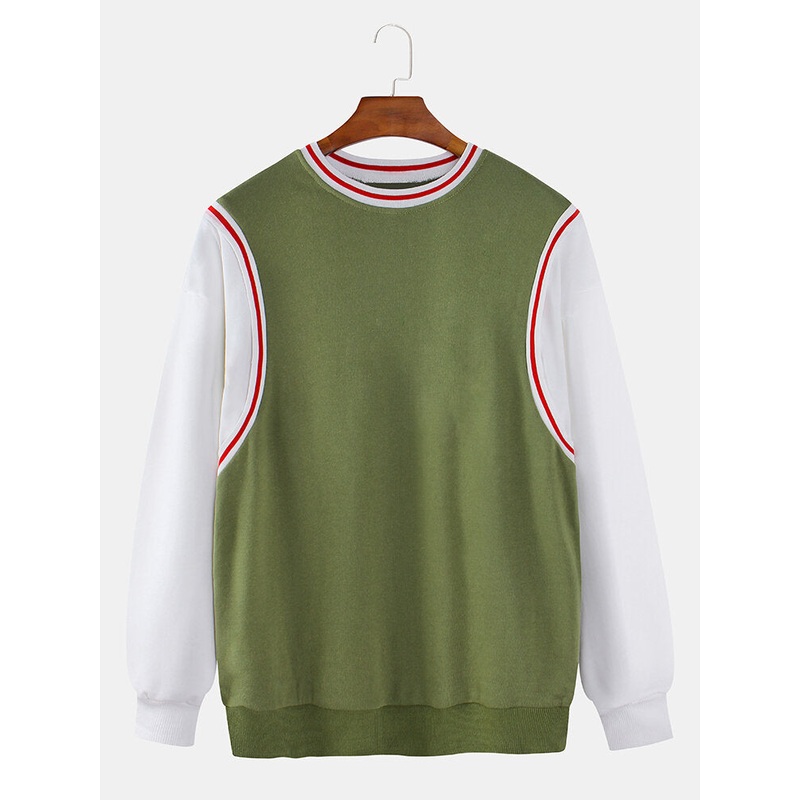 Mens Patchwork Solid Color Round Neck Pullover Cotton Long Sleeve Casual Sweatshirts