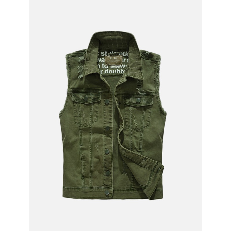 Mens Pocket Ripped Jean Vest Sleeveless Denim Jacket