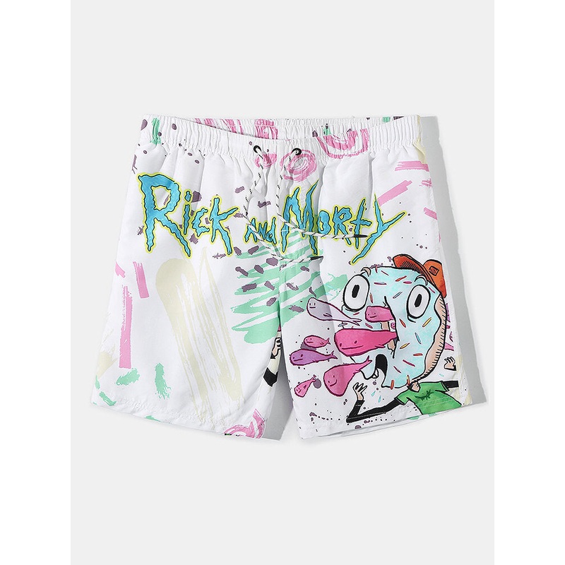 Mens Quick-Drying Cartoon Graffiti Print Drawstring Beach Shorts With Pocket