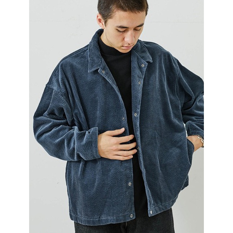 Mens Simple Corduroy Solid Color Lapel Side Pocket Warm Long Sleeve Jacket