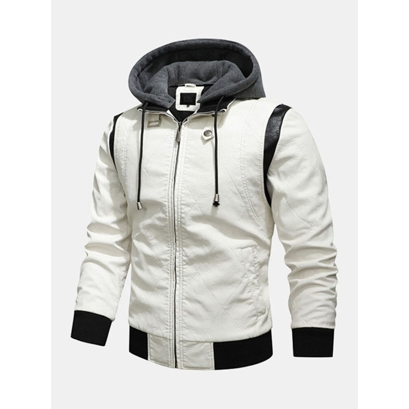 Mens Solid Color Drawstring Hooded Zipper Side Pocket Long Sleeve PU Jacket