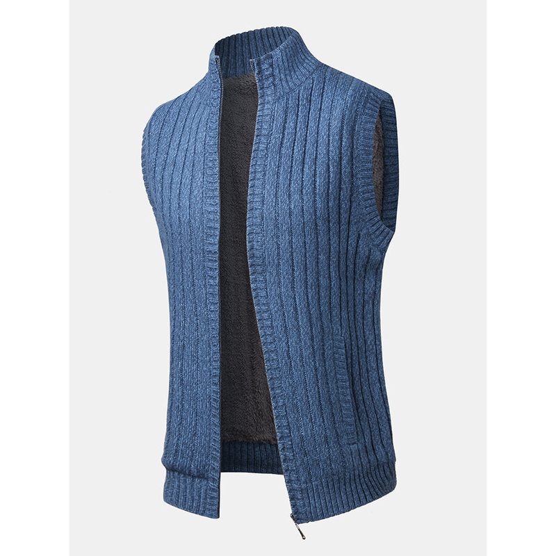 Mens Solid Color Knitted Warm Fleece Lined Zipper Sweater Vests