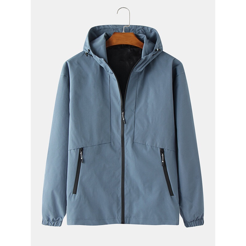 Mens Solid Color Letter Back Print Zipper Front Hooded Jacket