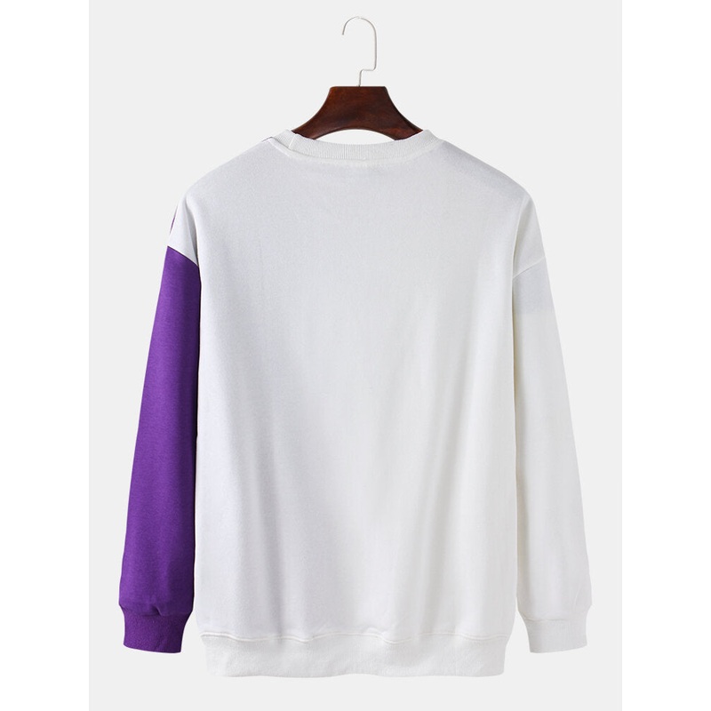 Mens Solid Color Patchwork Drop Shoulder Pullover Long Sleeve Sweatshirts