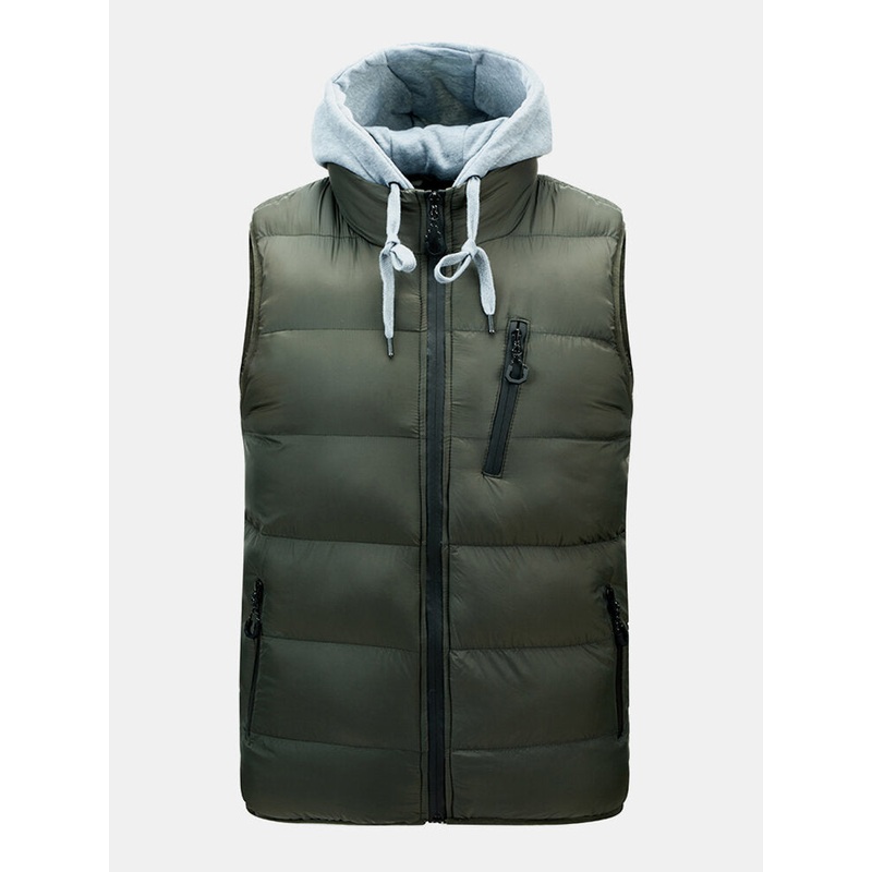 Mens Solid Color Zipper Detachable Hooded Warm Padded Gilet Vests