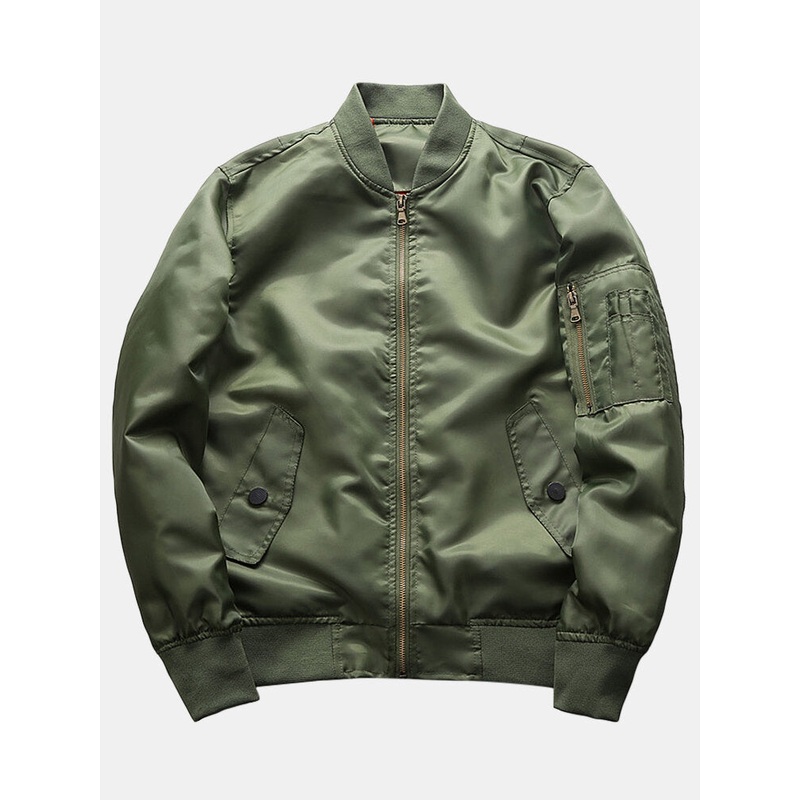 Mens Solid Color Zipper Front Stand Collar Bomber Jacket With Pocket