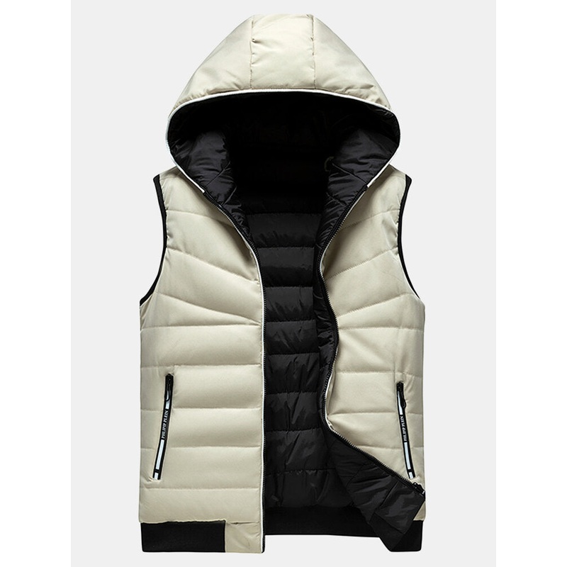 Mens Solid Color Zipper Windproof Warm Reversible Hooded Padded Gilet With Pocket