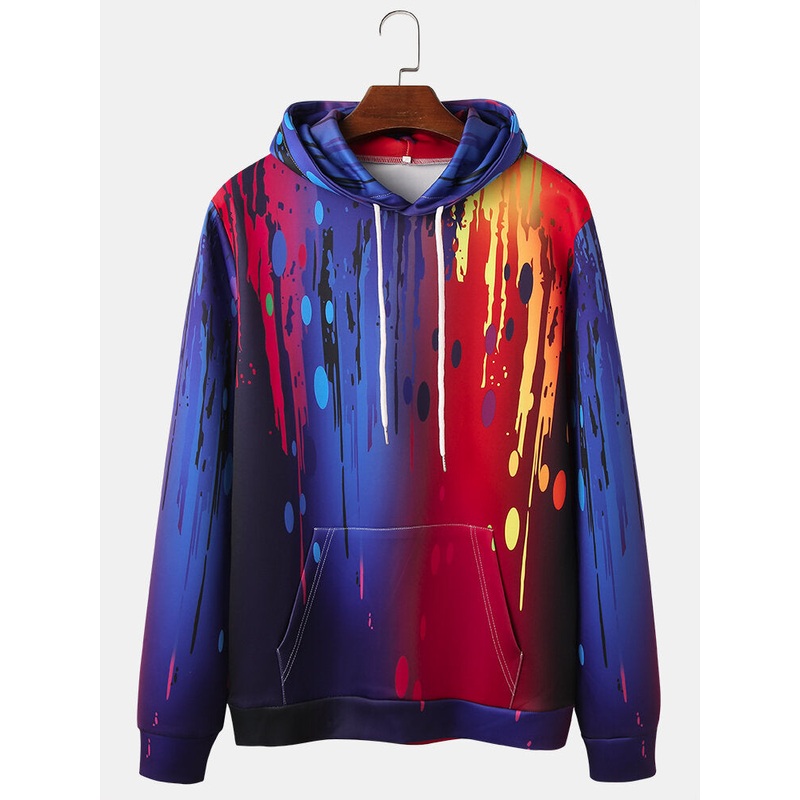 Mens Splash Ink Printing Print Kangaroo Pocket Long Sleeve Drawstring Hoodies