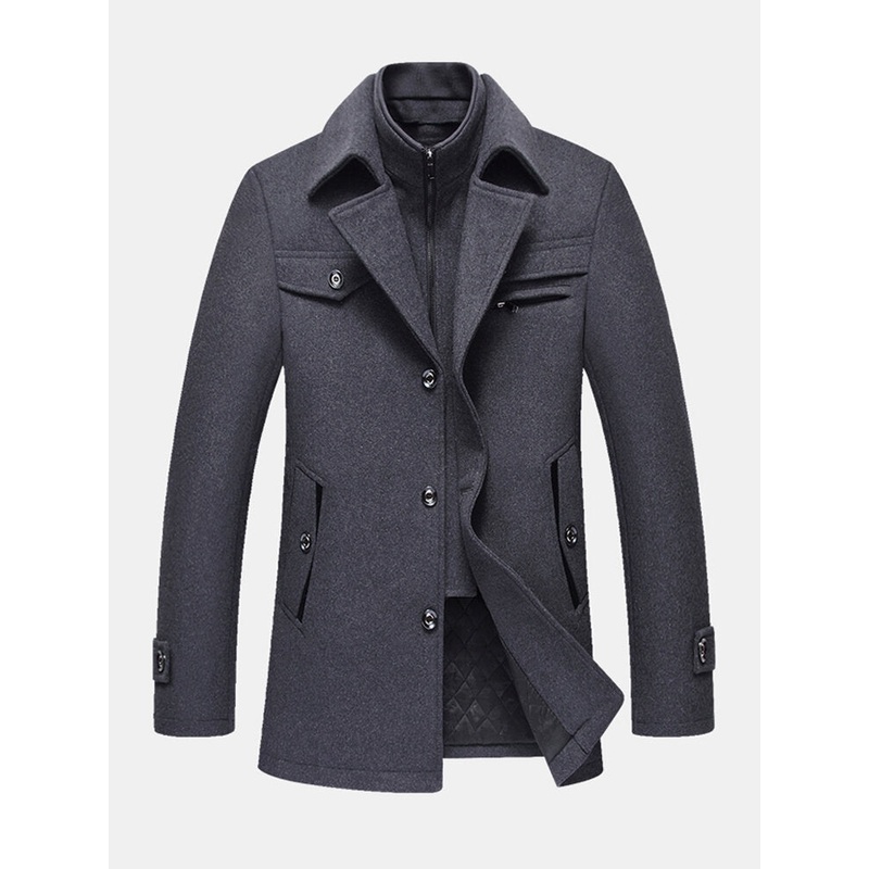 Mens Thicken Warm Solid Business Woolen Trench Coats