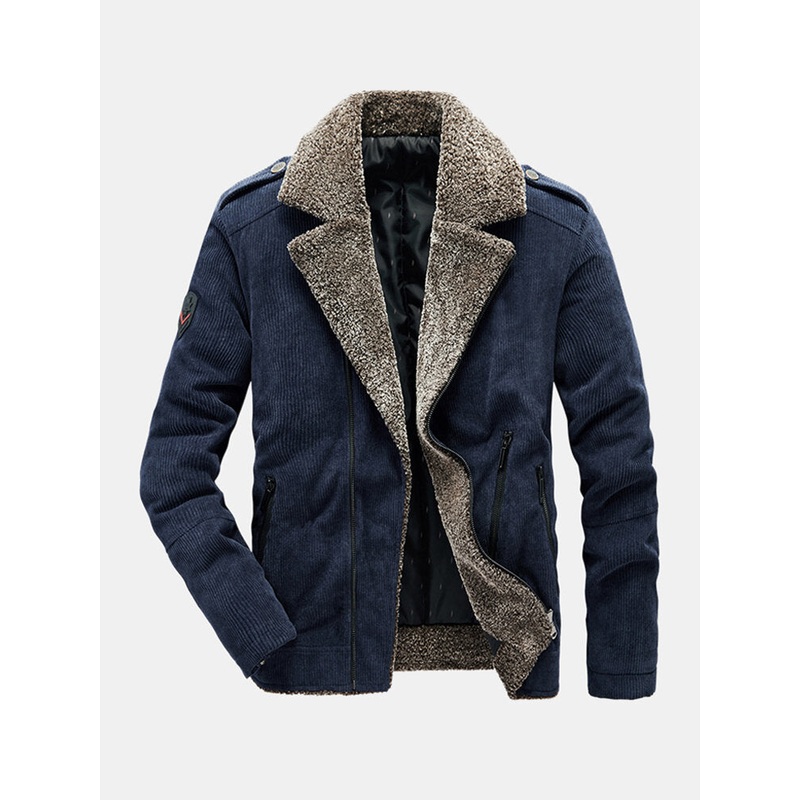 Mens Vintage Corduroy Solid Color Thicken Fleece Lapel Casual Warm Jacket