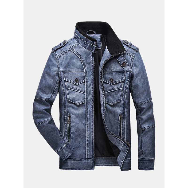 Mens Vintage Multi-Pocket Zipper PU Leather Long Sleeve Jacket