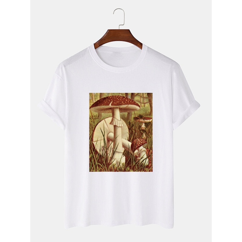 Mens Vintage Mushroom Graphic Print Cotton Short Sleeve Plus Size T-Shirt