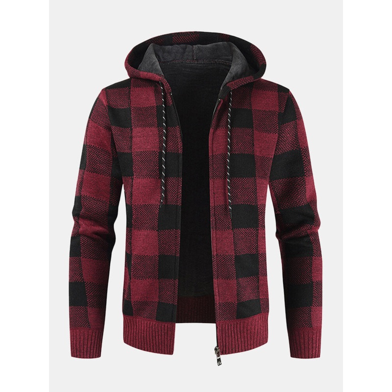 Mens Vintage Plaid Warm Zipper Warm Hooded Sweater Jacket