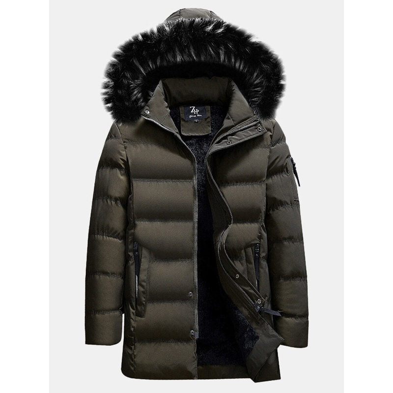 Mens Warm Cotton Padded Jacket Furry Hooded Insulated Winter Parka